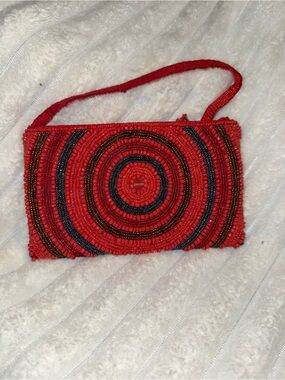 Vintage Red Beaded Circle-Pattern Shoulder Bag